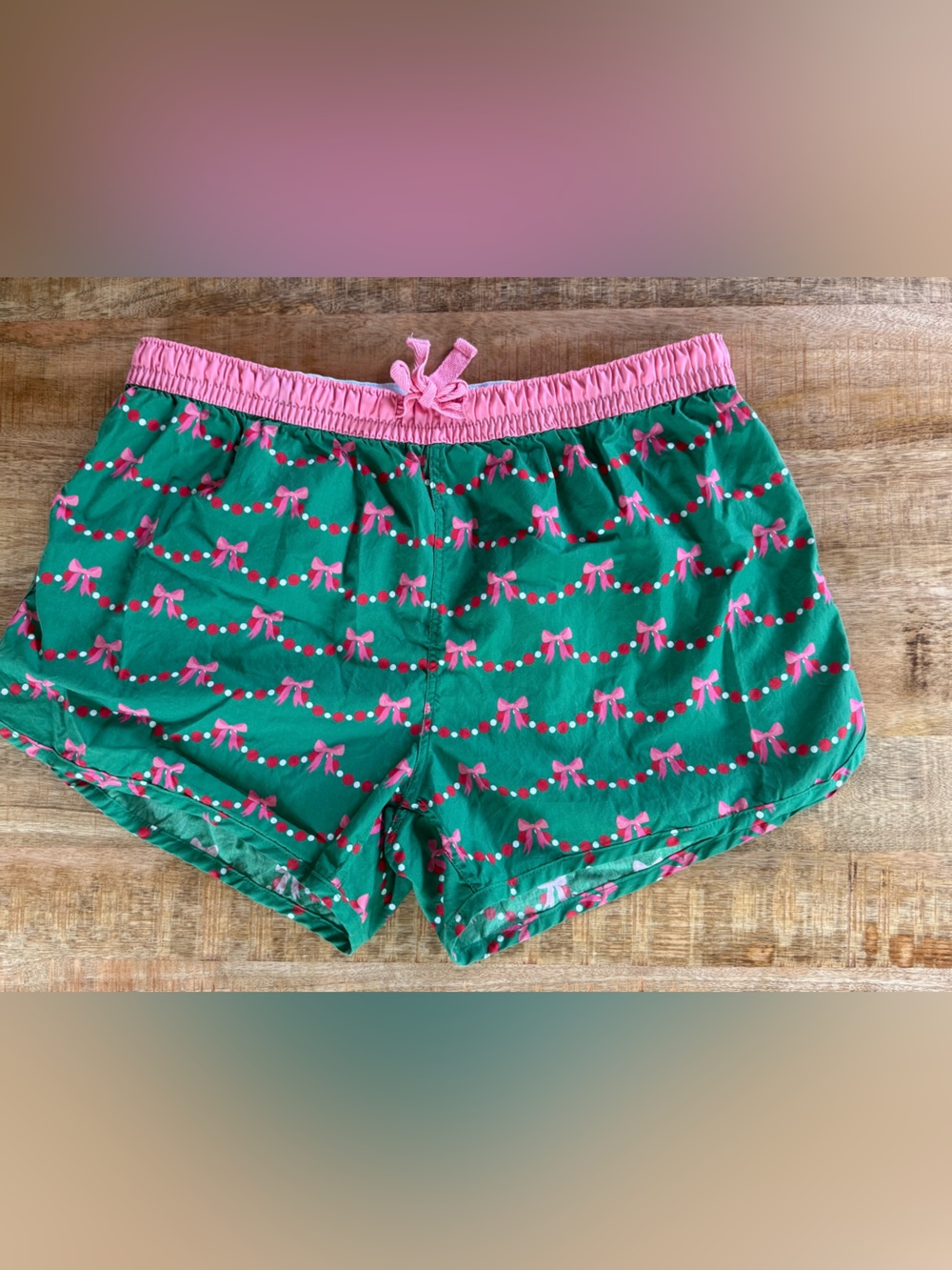 THE ROYAL STANDARD CHRISTMAS PAJAMA SHORTS M GREEN PINK BOW GARLAND COTTON